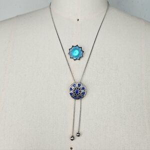 Interchangeable Snap Necklace Silver Lariat Blue